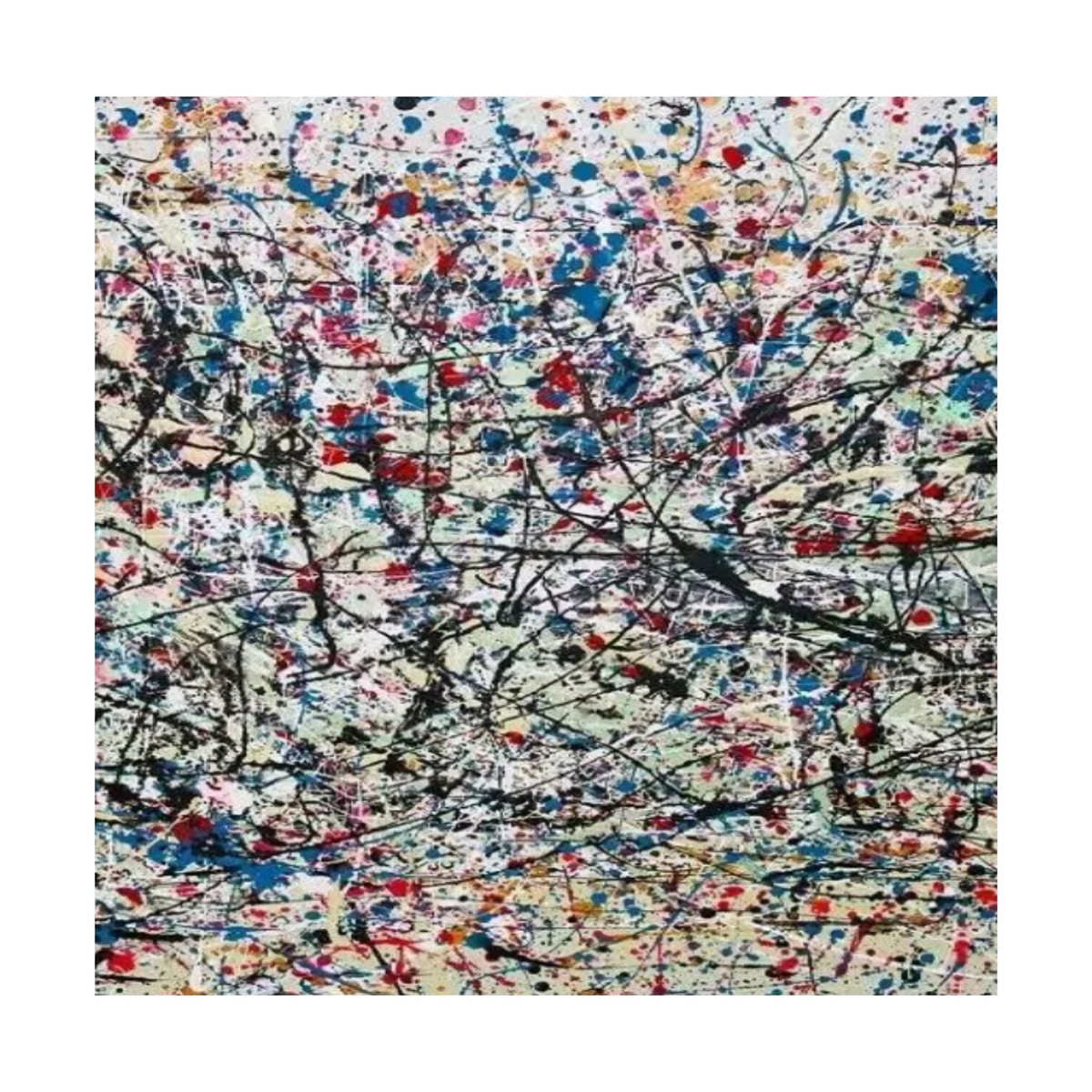 A dense web of black lines, blue and red splashes and small yellow flecks over a pale ground.