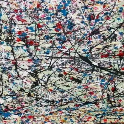 Close-up. A dense web of black lines, blue and red splashes and small yellow flecks over a pale ground.