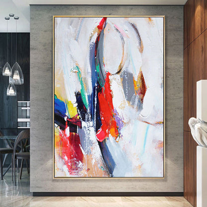 Room mockup. Red, blue, black and grey gestural shapes and thin looping lines overlap a pale white textured background.
