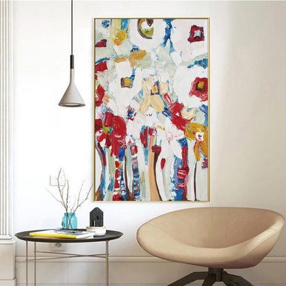 Room mockup. Loose red flower-like patches and blue and ochre stems rise through a heavily textured white background.