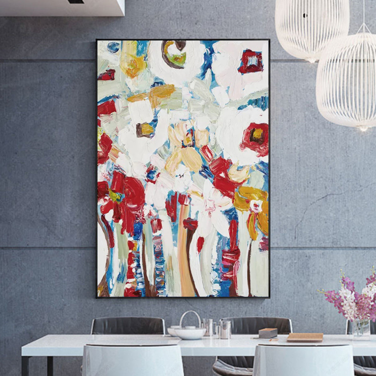 Room mockup. Loose red flower-like patches and blue and ochre stems rise through a heavily textured white background.