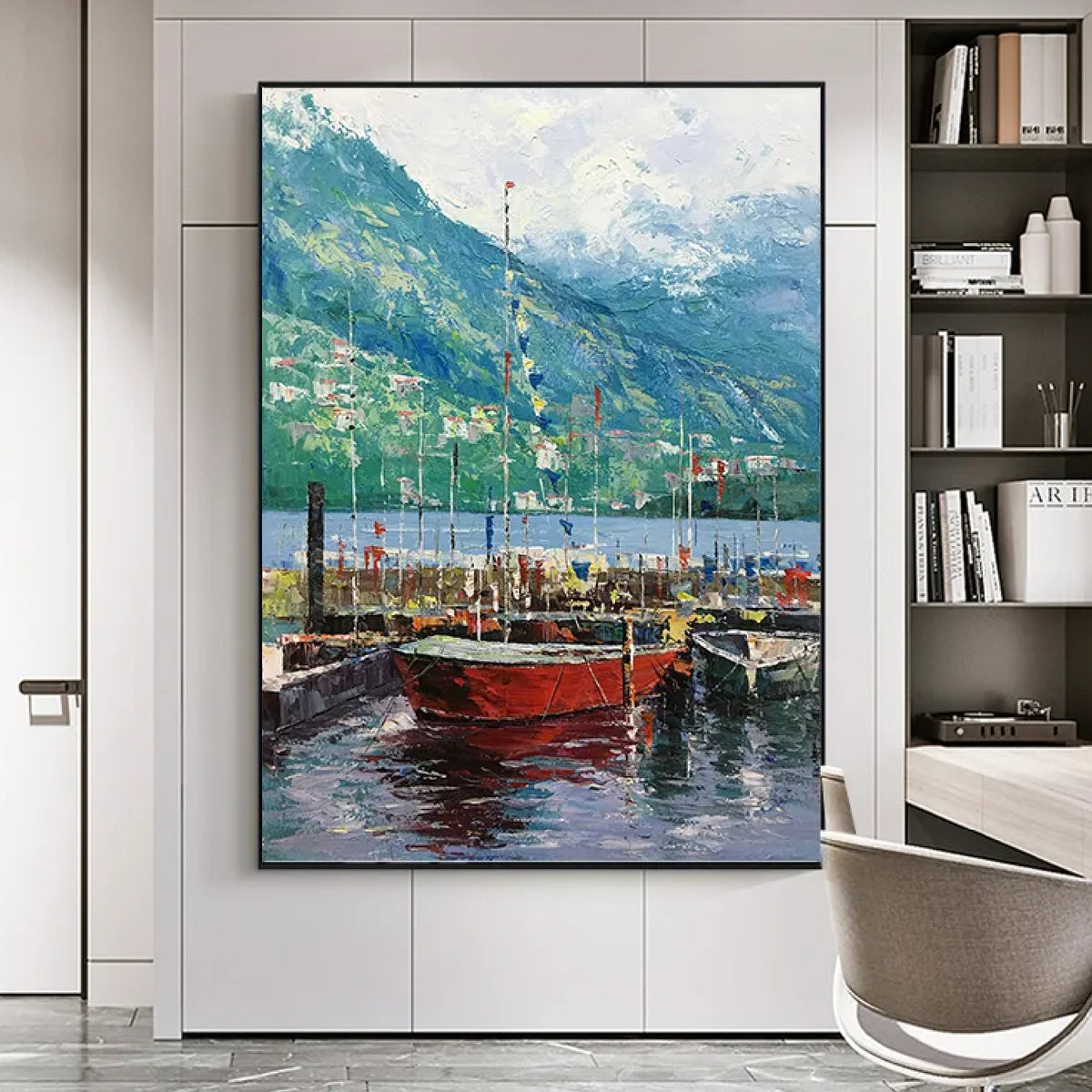 Room mockup. Red boats with fine masts float on dark blue water beneath green mountains and a pale clouded sky.