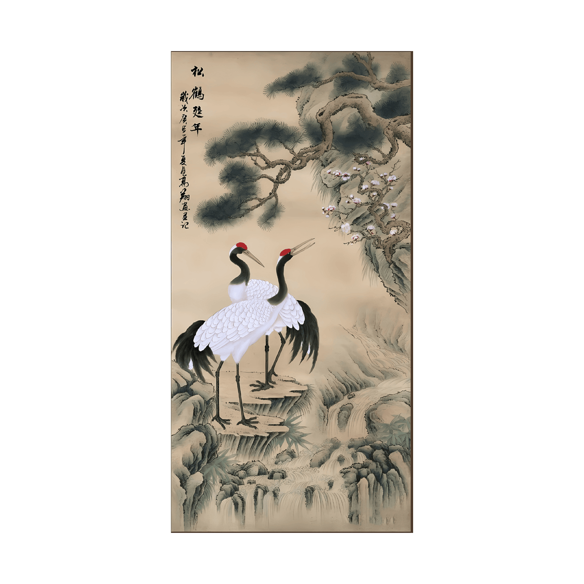 Hand-painted canvas featuring two red-crowned cranes beneath dark pine branches on a warm beige background.