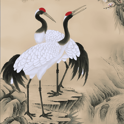 Hand-painted canvas featuring two red-crowned cranes beneath dark pine branches on a warm beige background.