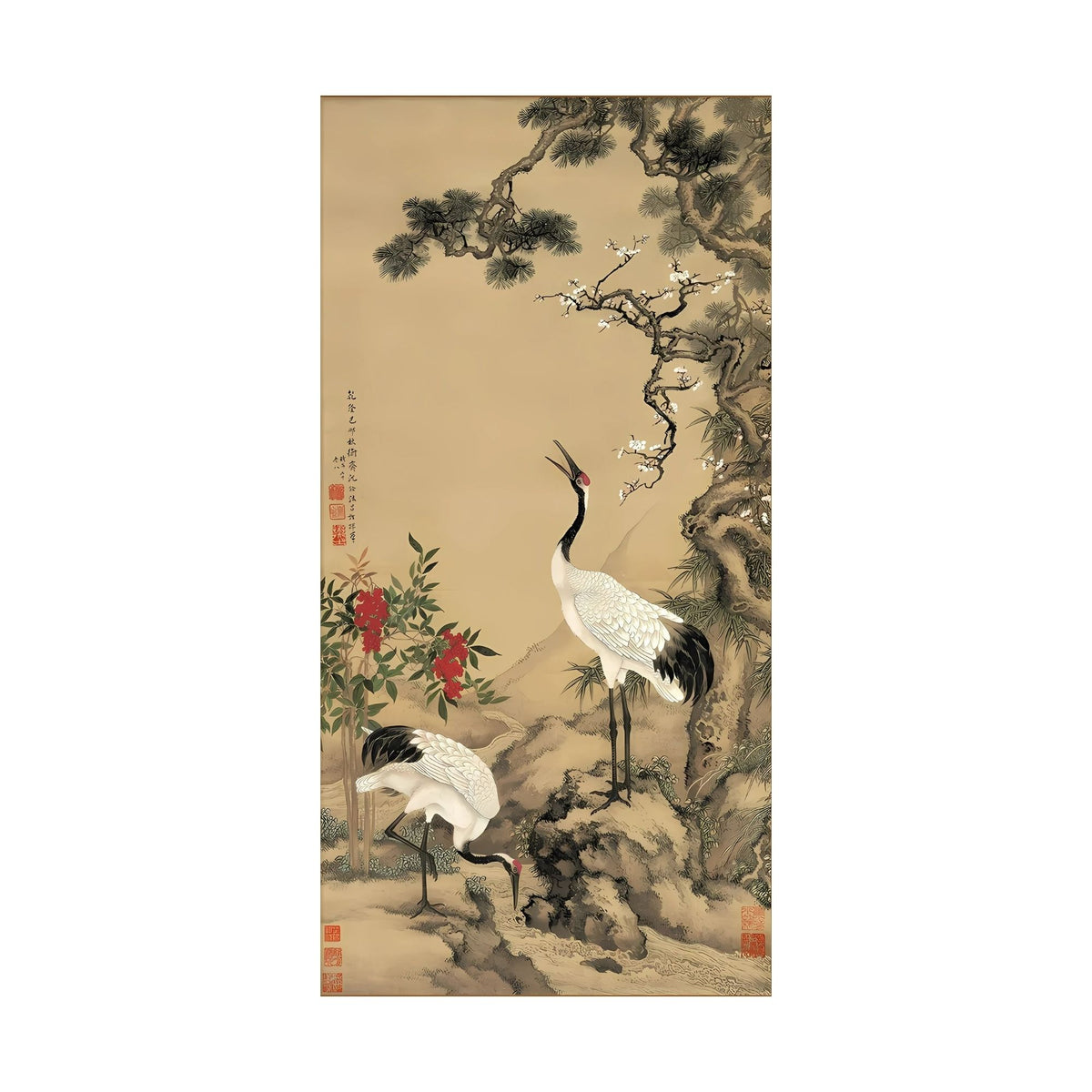 Hand-painted canvas featuring red-crowned cranes beside flowering branches and a pine tree on a warm beige background.