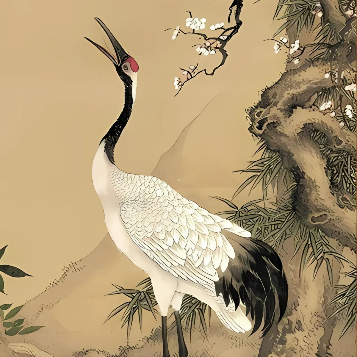 Hand-painted canvas featuring red-crowned cranes beside flowering branches and a pine tree on a warm beige background.