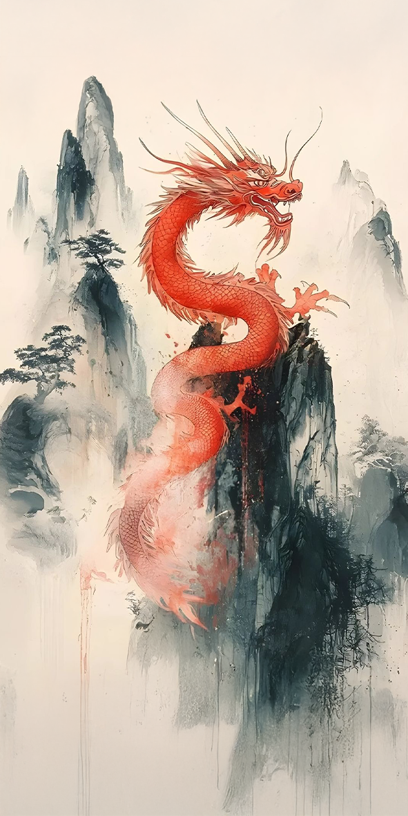 Red Chinese dragon painting over misty mountains in traditional ink wash style on canvas
