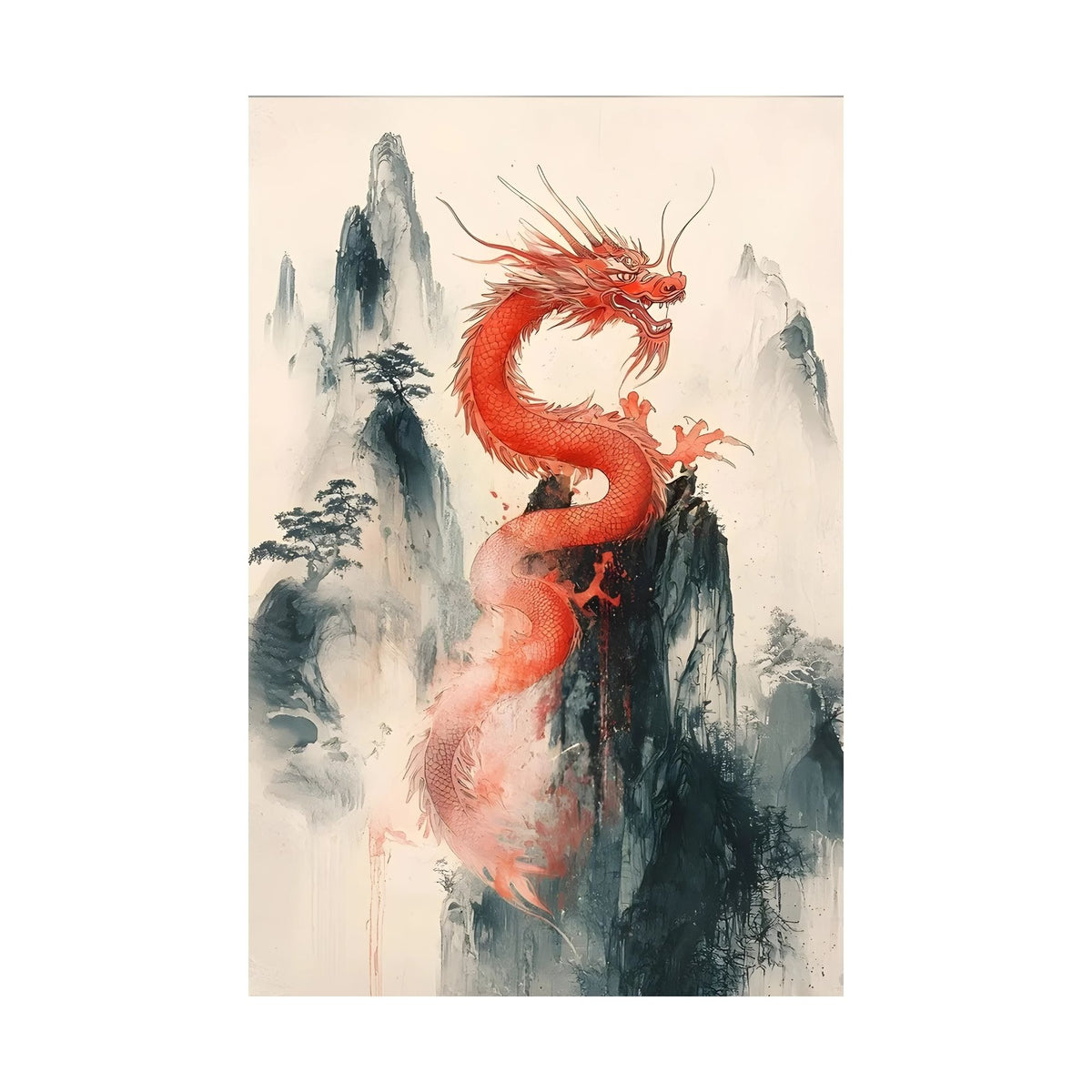 Hand-painted canvas featuring a red dragon curling above misty mountains and dark pine trees.