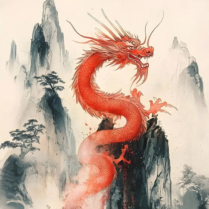 Hand-painted canvas featuring a red dragon curling above misty mountains and dark pine trees.