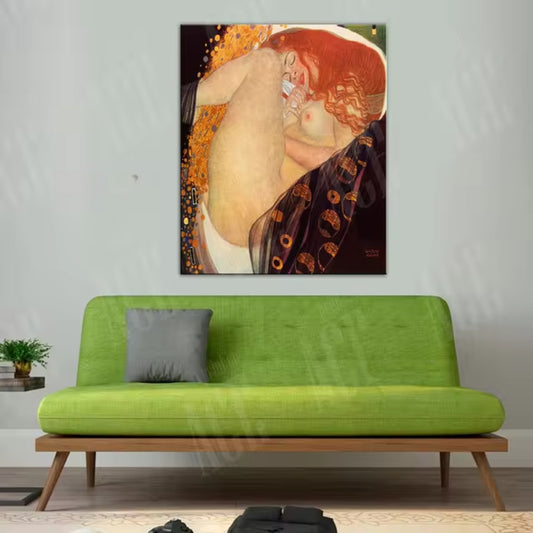 Room mockup showing red-haired woman curled into an embracing pose amid orange, cream and dark patterned areas.