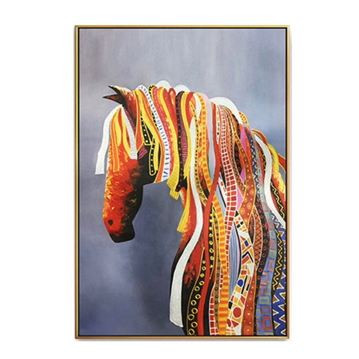 A bowed red horse head with a long orange, yellow and white patterned ribbon-like mane against muted grey.