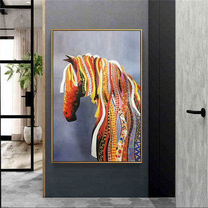 Room mockup. A bowed red horse head with a long orange, yellow and white patterned ribbon-like mane against muted grey.