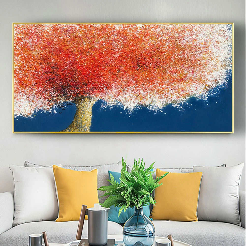 Room mockup showing broad red and orange blossom canopy on a gold-coloured trunk against a deep navy blue background.