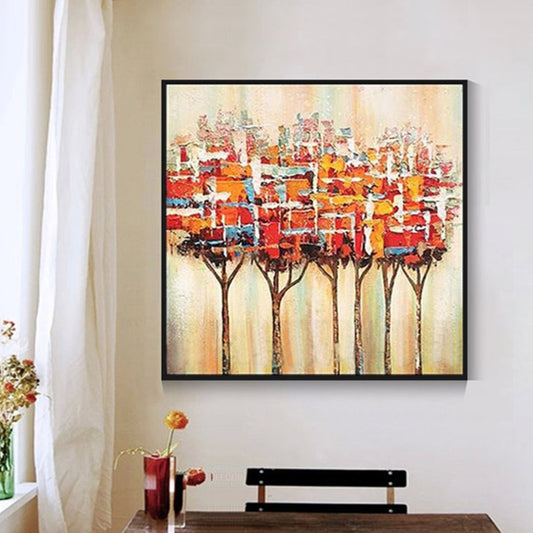 Room mockup. Red and orange block-like tree canopies stand on slender dark trunks against a warm pale cream background.