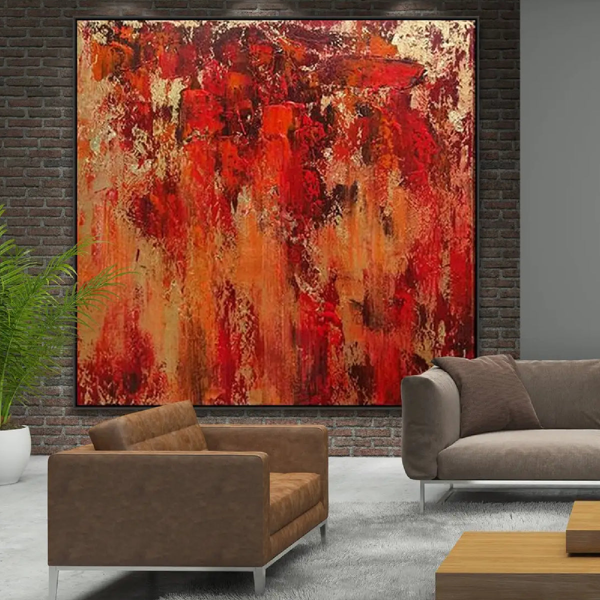 Room mockup. Layered red, rust-orange and ochre patches with dark scuffed marks and pale gold-coloured textured areas.