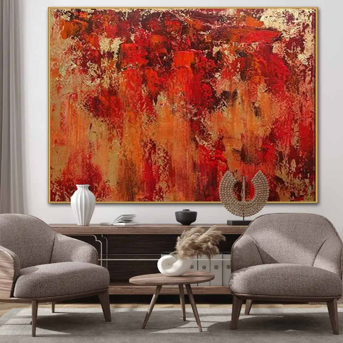 Room mockup. Layered red, rust-orange and ochre patches with dark scuffed marks and pale gold-coloured textured areas.