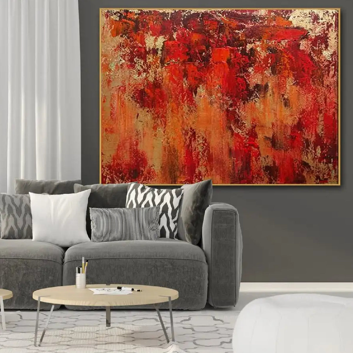 Room mockup. Layered red, rust-orange and ochre patches with dark scuffed marks and pale gold-coloured textured areas.