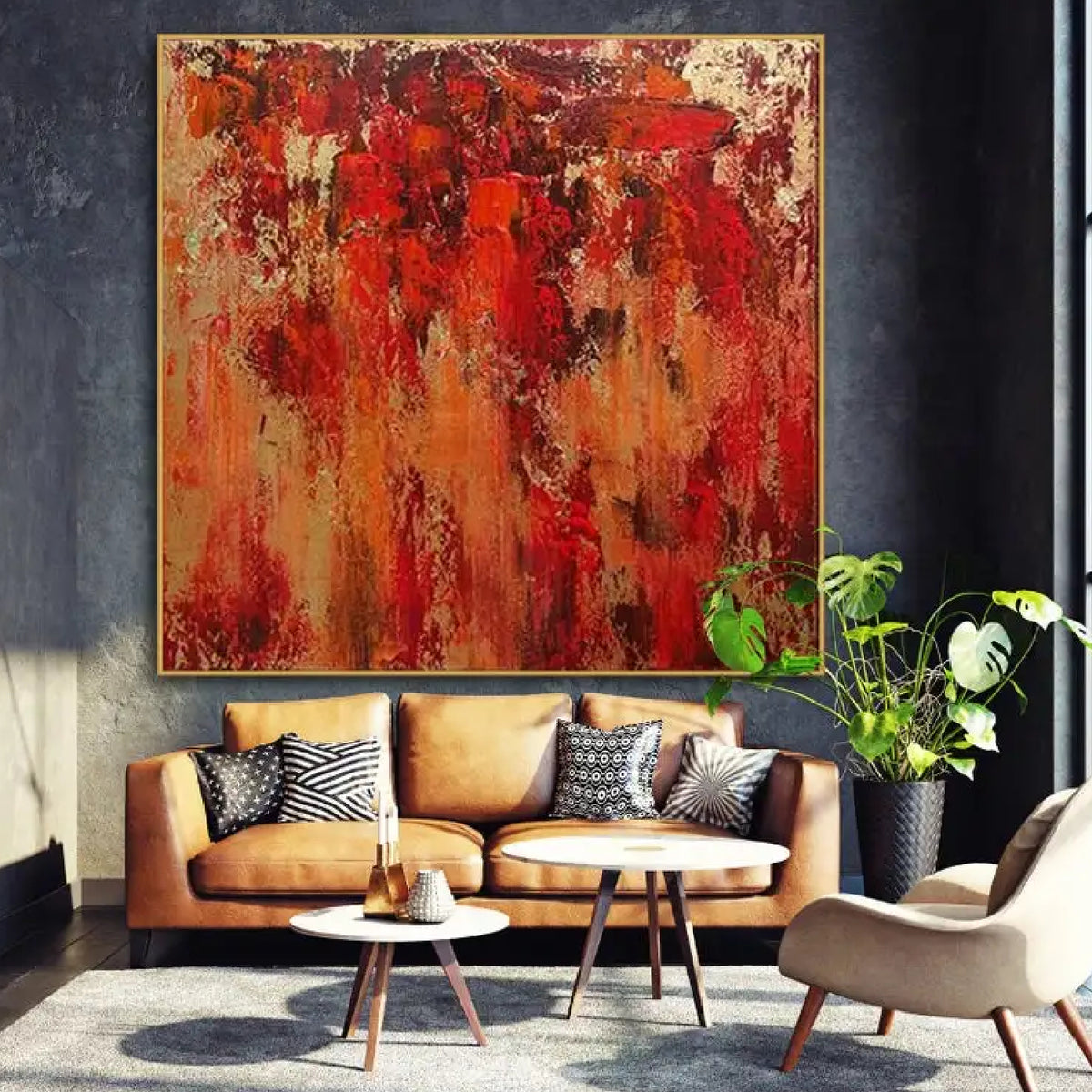 Room mockup. Layered red, rust-orange and ochre patches with dark scuffed marks and pale gold-coloured textured areas.
