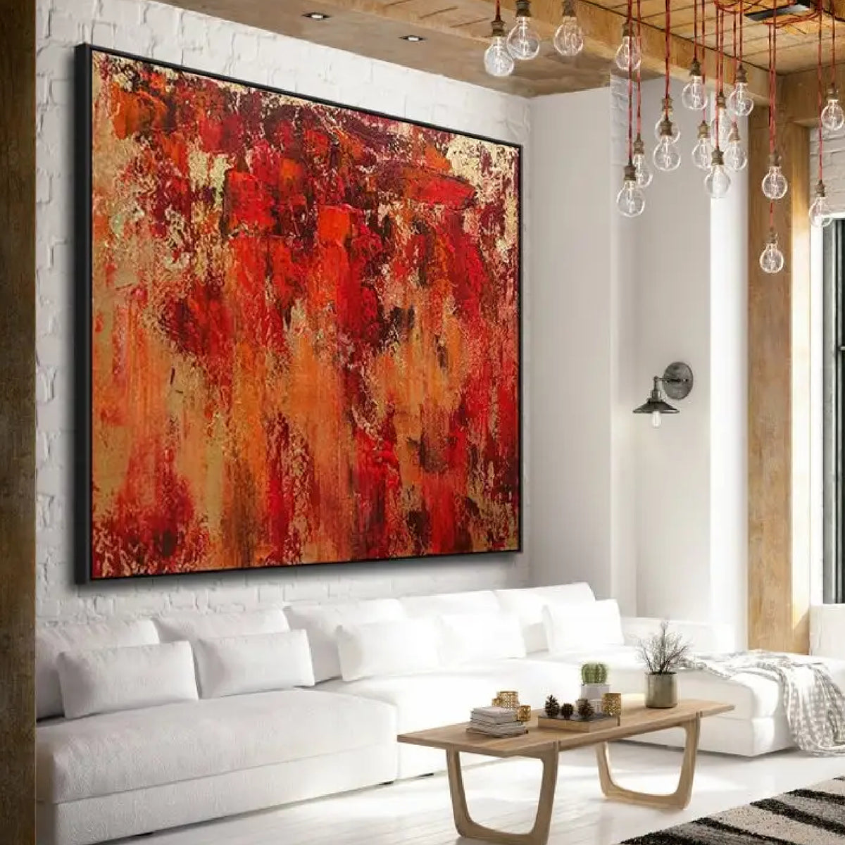 Room mockup. Layered red, rust-orange and ochre patches with dark scuffed marks and pale gold-coloured textured areas.