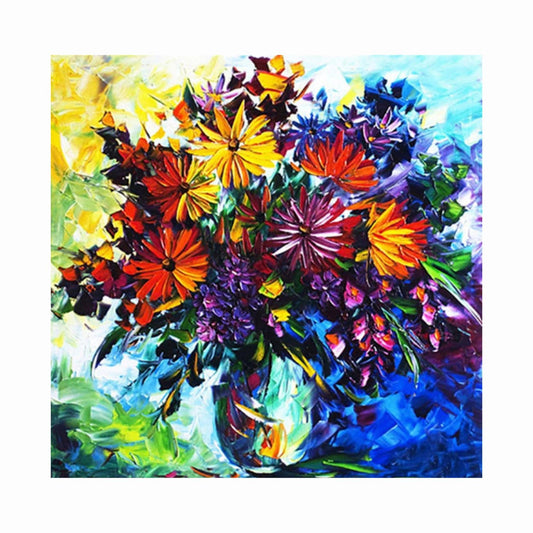 Red, orange, yellow and purple flowers with green foliage fill a colourful vase against a textured yellow and blue background.