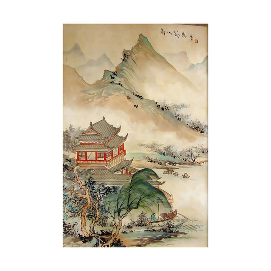 Hand-painted canvas featuring a red pavilion beside a mountain river, with trees, rocky peaks and a small boat.