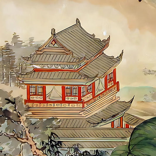 Hand-painted canvas featuring a red pavilion beside a mountain river, with trees, rocky peaks and a small boat.