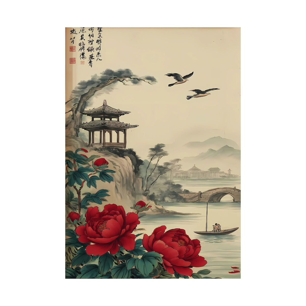 Hand-painted canvas featuring red peonies in front of a riverside pavilion, distant mountains and a small boat.