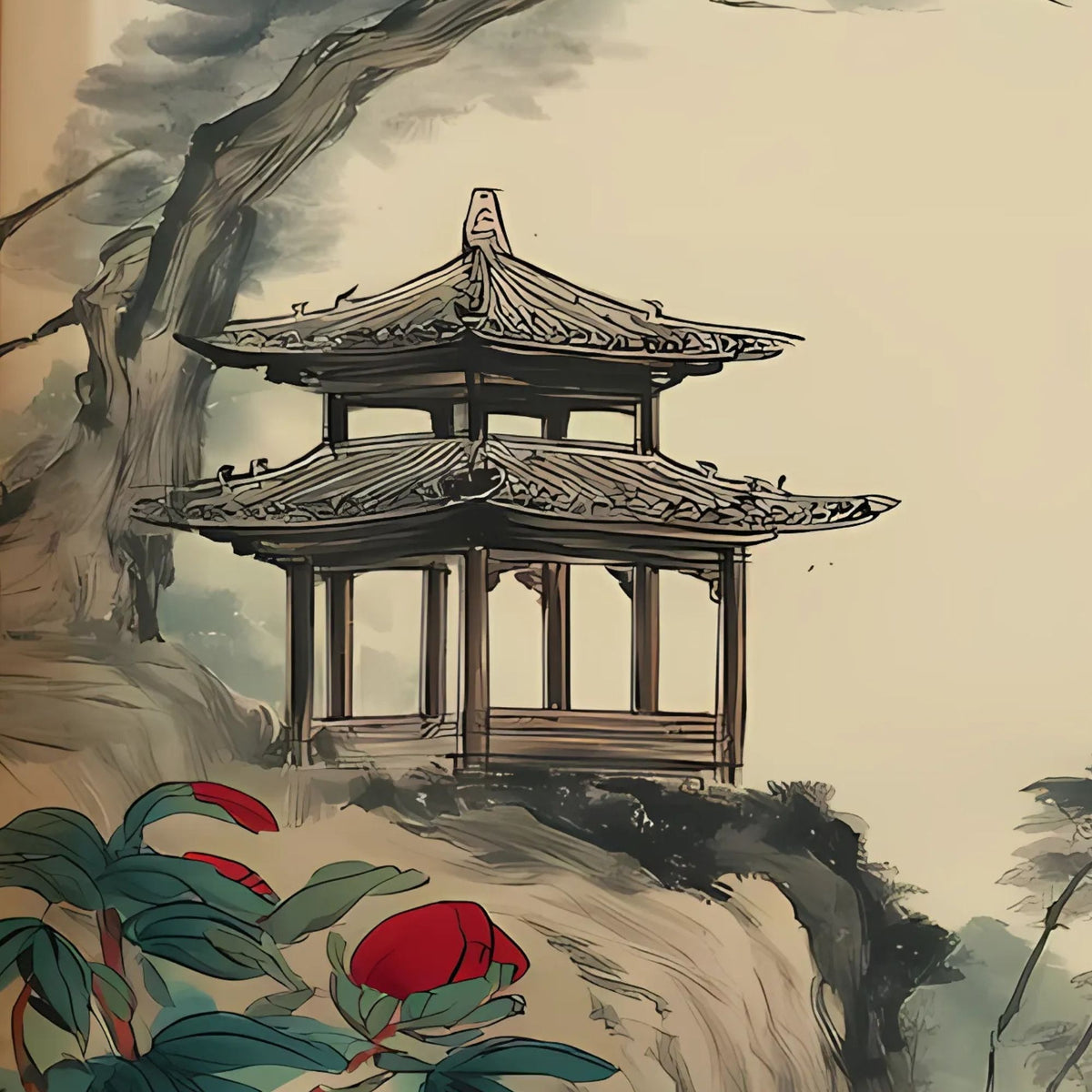Hand-painted canvas featuring red peonies in front of a riverside pavilion, distant mountains and a small boat.