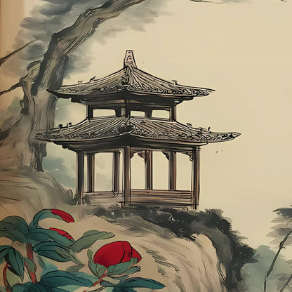 Hand-painted canvas featuring red peonies in front of a riverside pavilion, distant mountains and a small boat.
