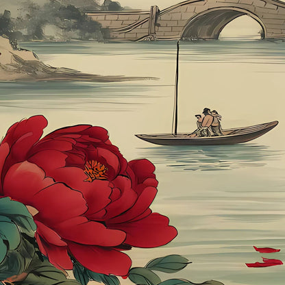 Hand-painted canvas featuring red peonies in front of a riverside pavilion, distant mountains and a small boat.