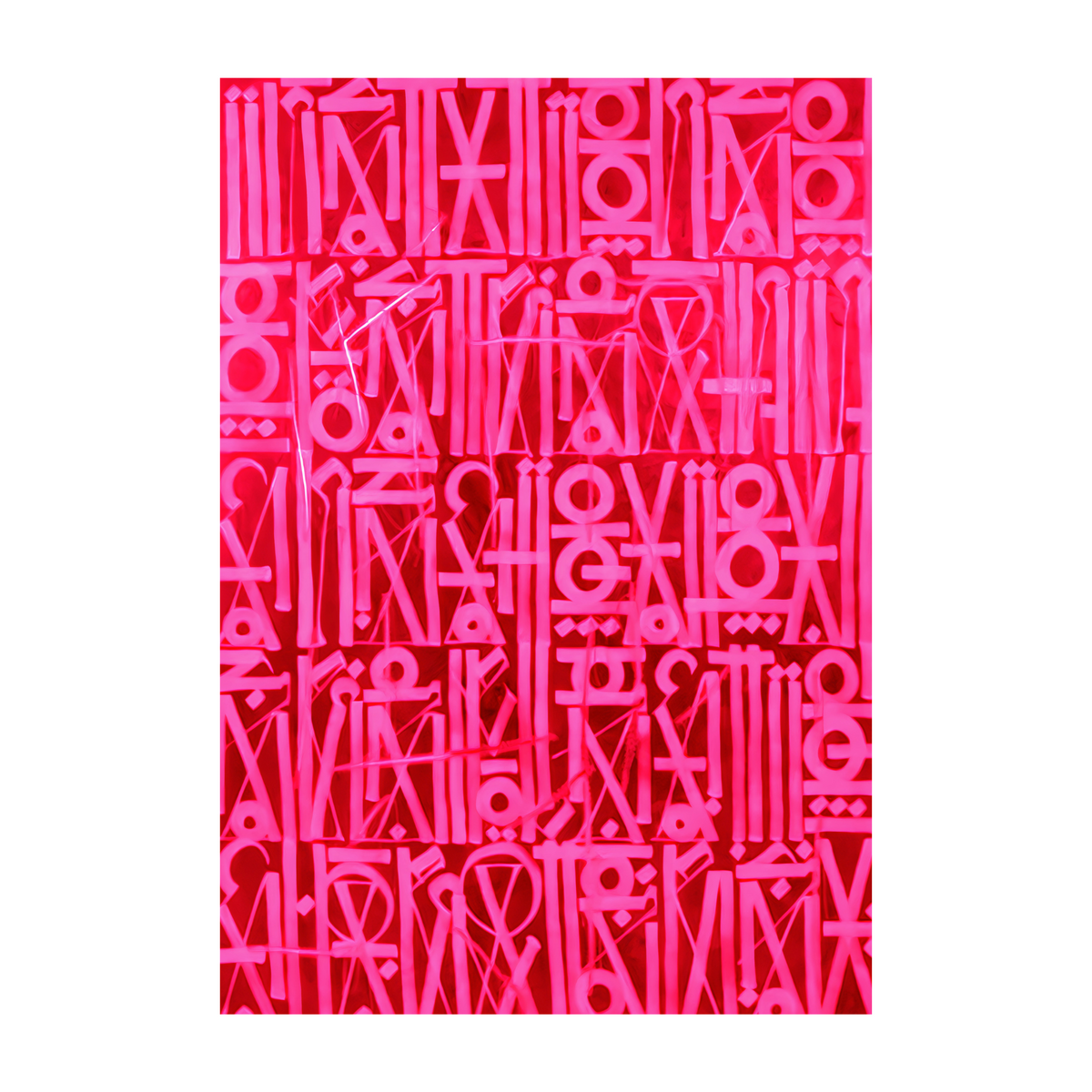 Pink geometric symbols and stylised letterforms in dense rows on a bright red background.