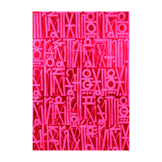 Pink geometric symbols and stylised letterforms in dense rows on a bright red background.