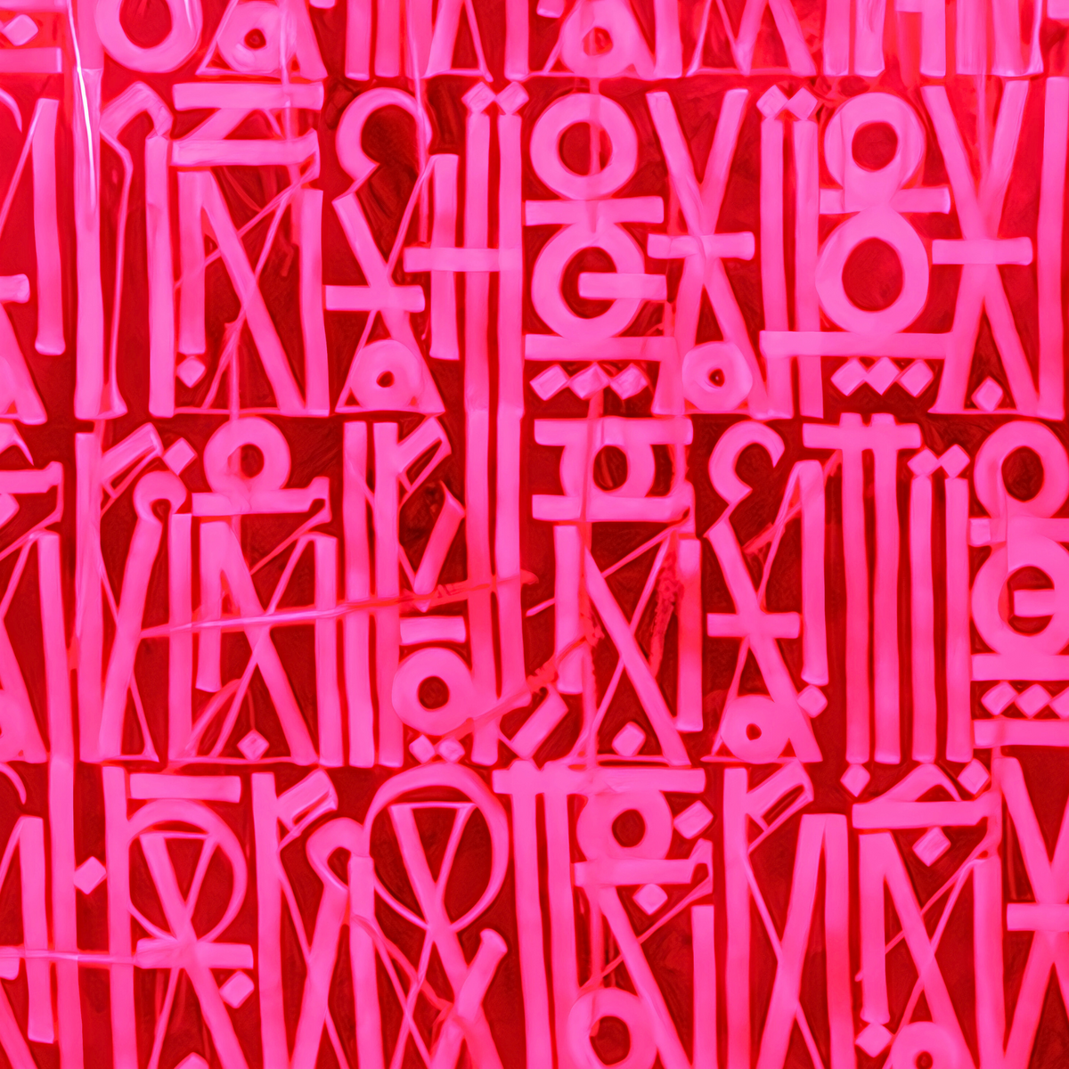 Close-up of pink geometric symbols and stylised letterforms in dense rows on a bright red background.