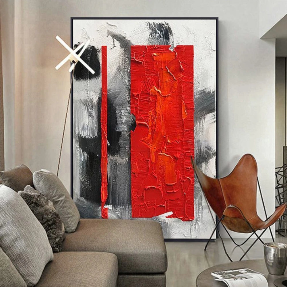 Red Strip on Black Shade Modern Abstract Living Room Painting