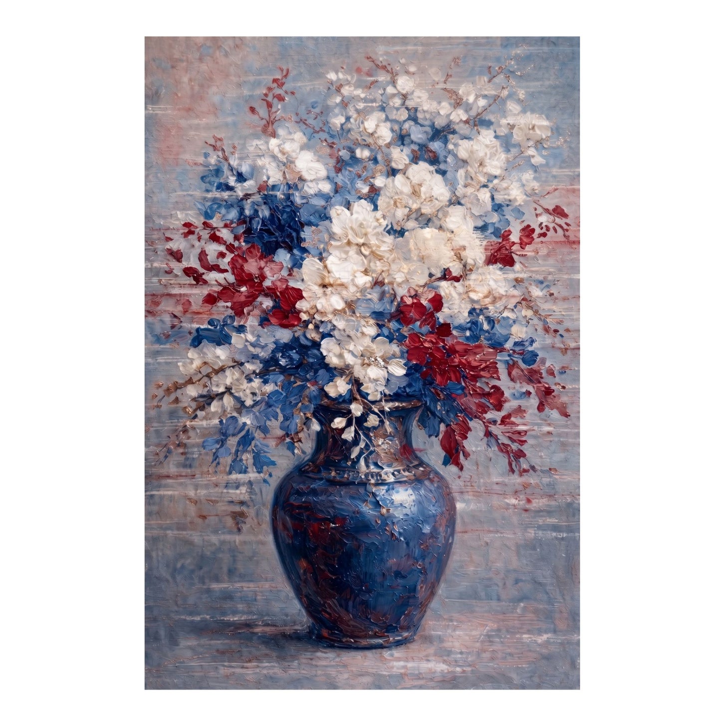Hand-painted red white and blue floral painting in blue vase with thick textured brushstrokes on canvas