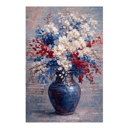 Hand-painted red white and blue floral painting in blue vase with thick textured brushstrokes on canvas