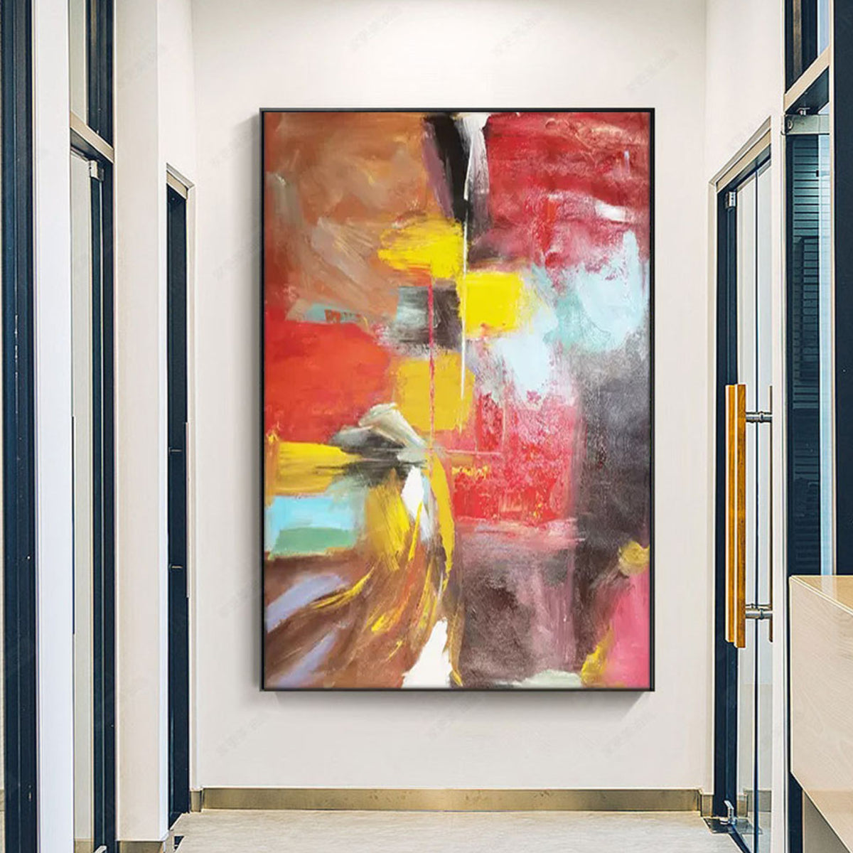 Room mockup. Red and brown blocks with bright yellow patches, pale turquoise accents and sweeping cream and ochre strokes.