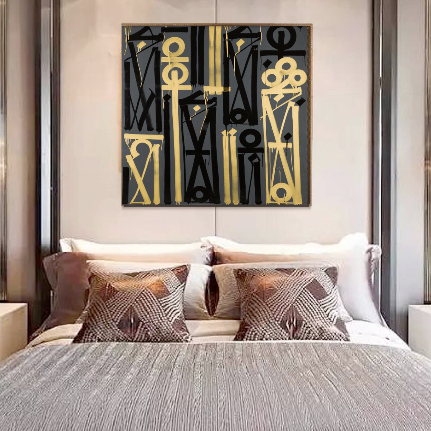 Square Black Yellow Retna Replica Hieroglyphic Art