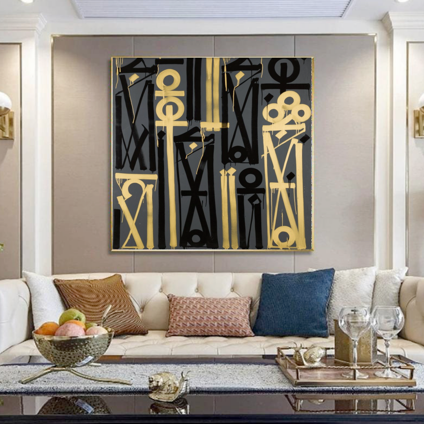 Square Black Yellow Retna Replica Hieroglyphic Art