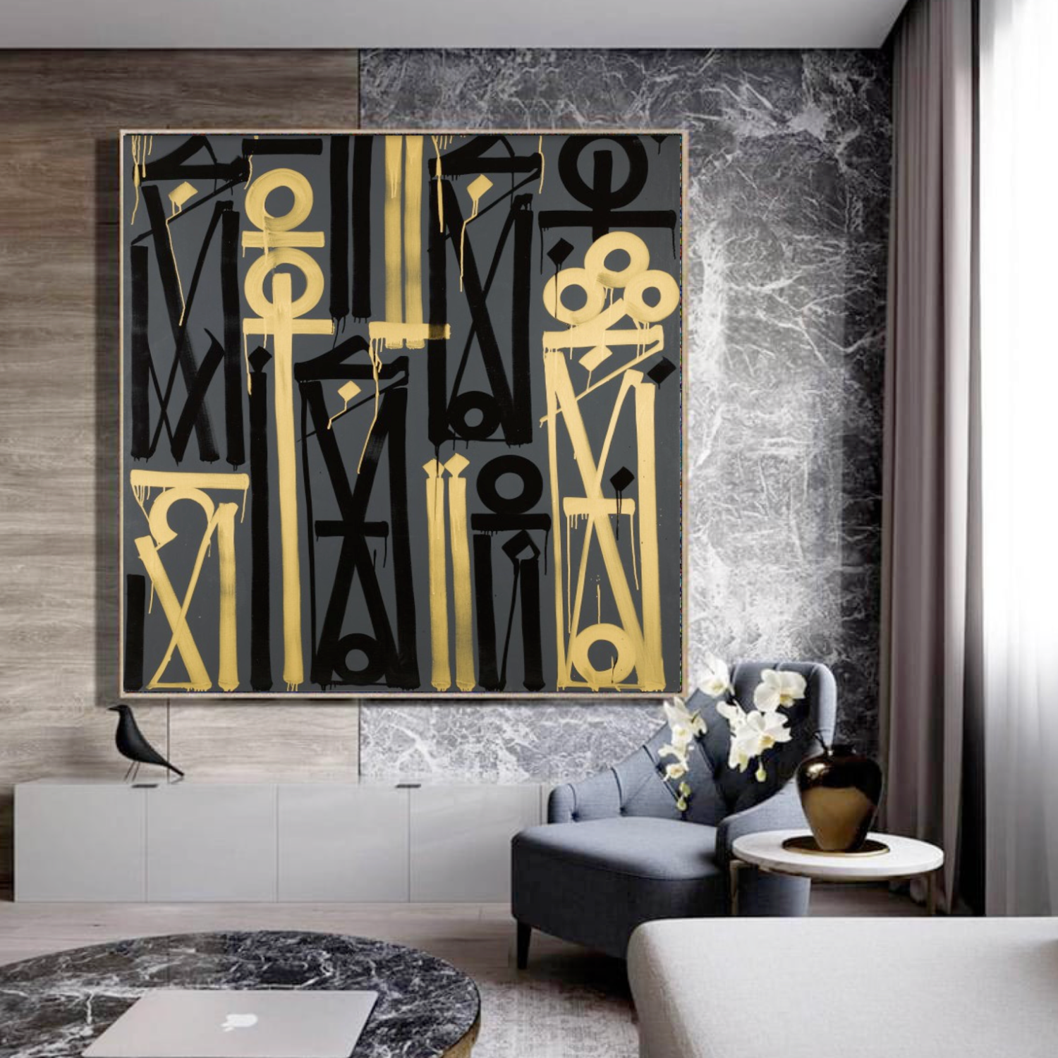 Square Black Yellow Retna Replica Hieroglyphic Art