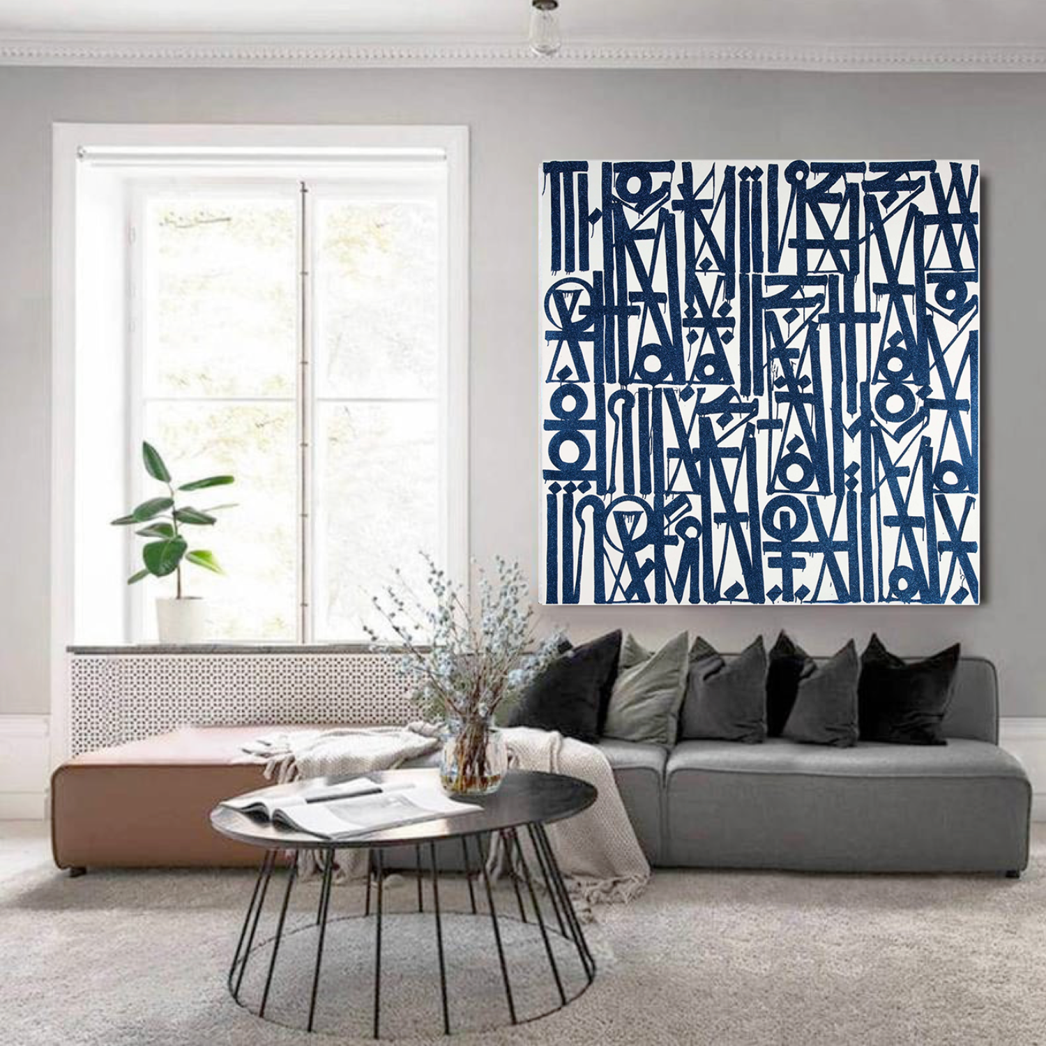 Square White Blue Fonts Retna Replica Oil Painting