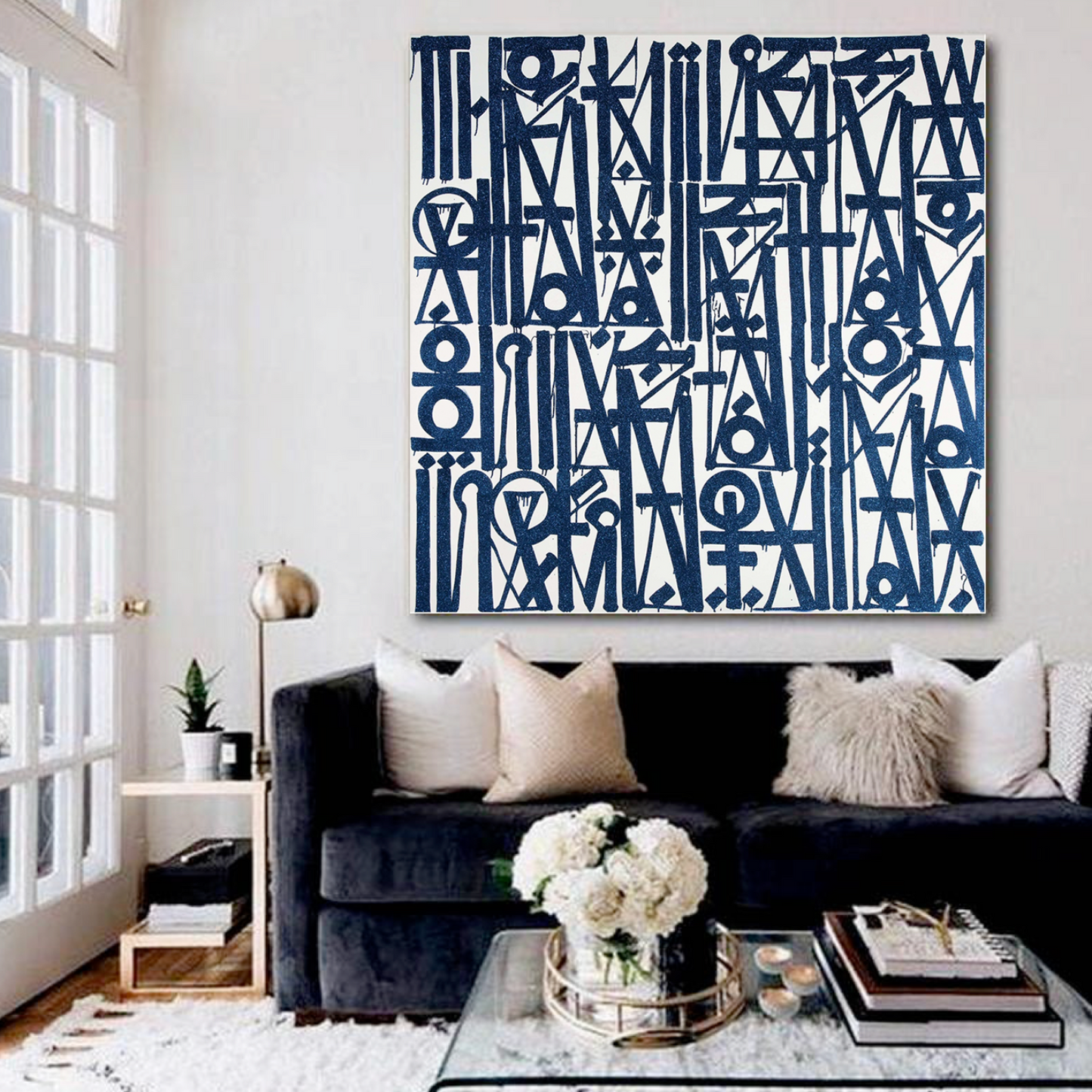 Square White Blue Fonts Retna Replica Oil Painting