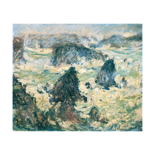 Hand-painted canvas featuring dark coastal rocks surrounded by foaming waves and blue-green sea.