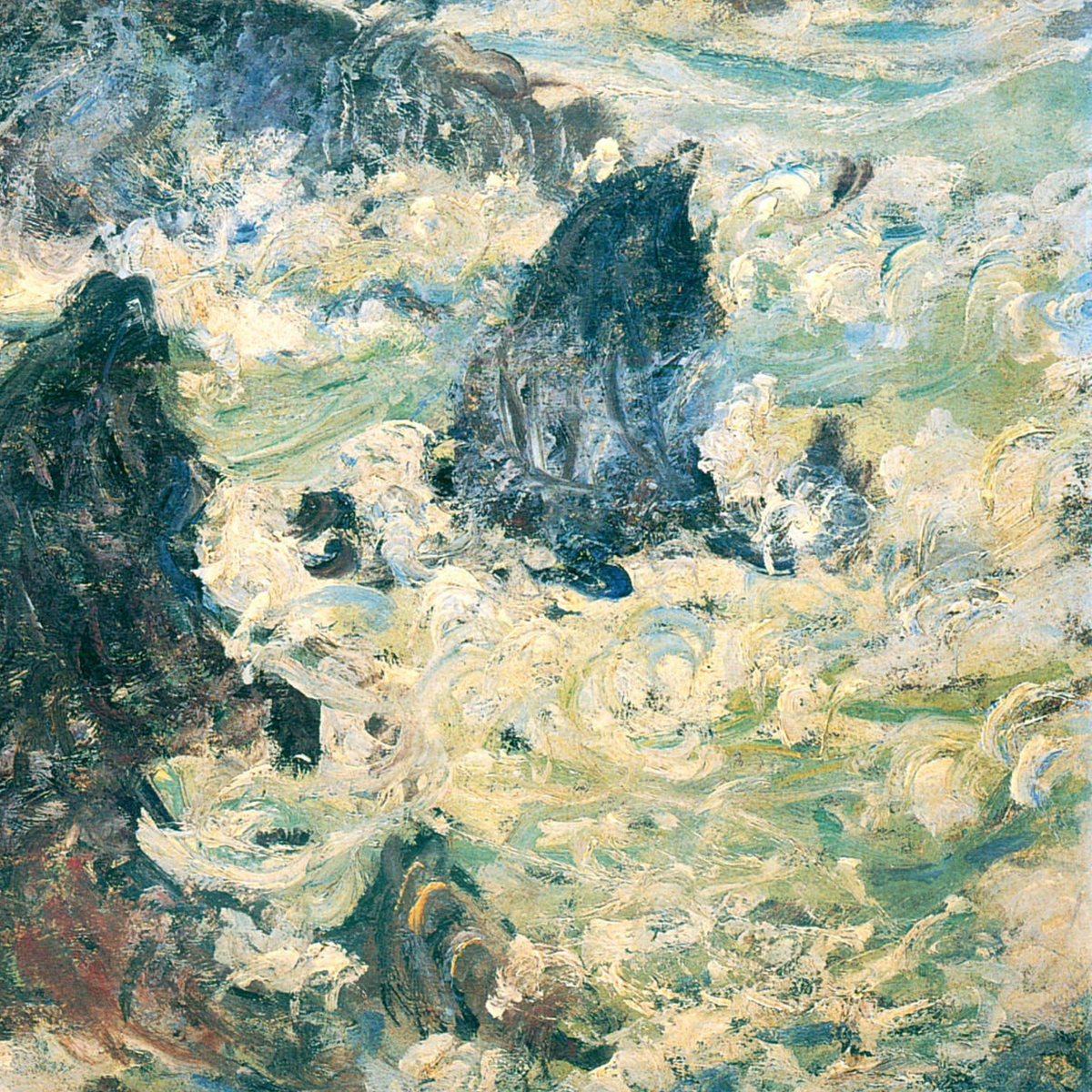 Hand-painted canvas featuring dark coastal rocks surrounded by foaming waves and blue-green sea.