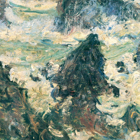 Hand-painted canvas featuring dark coastal rocks surrounded by foaming waves and blue-green sea.