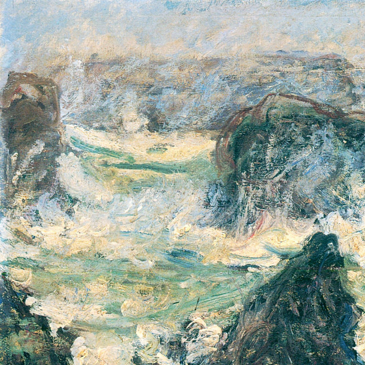 Hand-painted canvas featuring dark coastal rocks surrounded by foaming waves and blue-green sea.