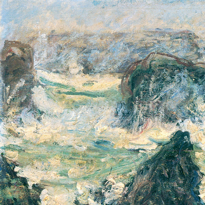 Hand-painted canvas featuring dark coastal rocks surrounded by foaming waves and blue-green sea.