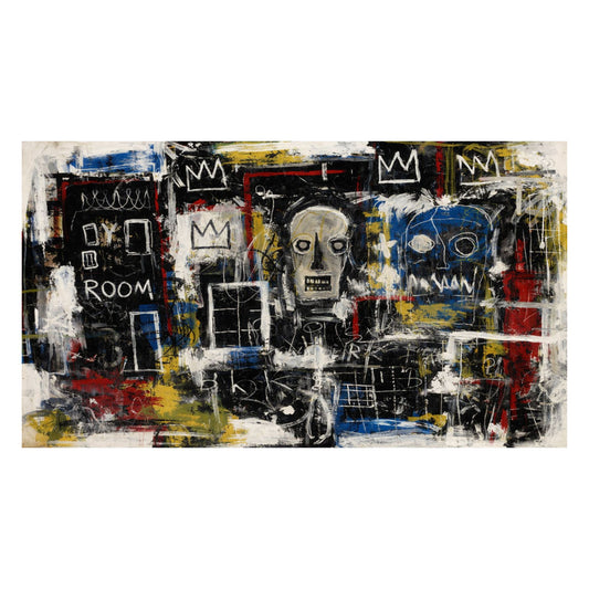 Abstract artwork with colorful shapes and text on a white background