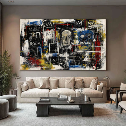 Modern living room with a large abstract painting on the wall.