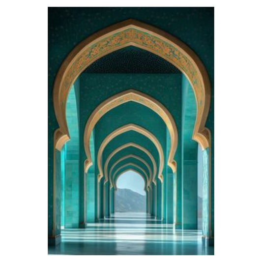 Decorative wall art of a tunnel with arches in teal and gold